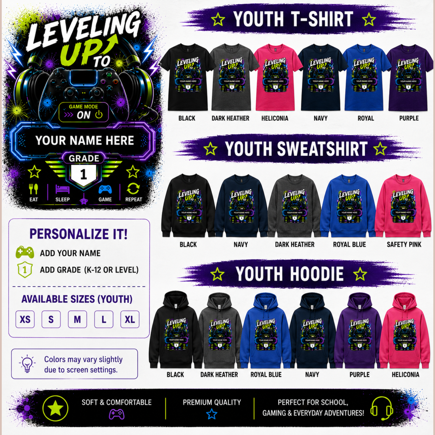 A promotional collage for custom gaming apparel showing addition available colors for youth T-shirts, sweatshirts, and hoodies with a large 'LEVELING UP TO' graphic and size/personalization callouts on a white background.