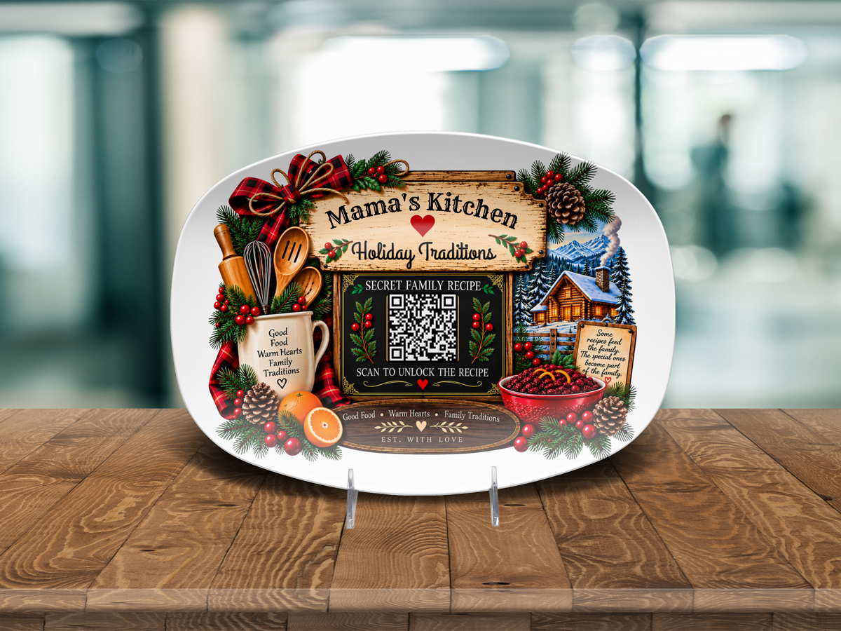 A white oval decorative serving platter displayed on a wooden table, featuring a festive Christmas-themed printed design with the text 'Mama's Kitchen' and 'Holiday Traditions,' a scanable QR code, holiday illustrations, and small clear display stands supporting the platter.