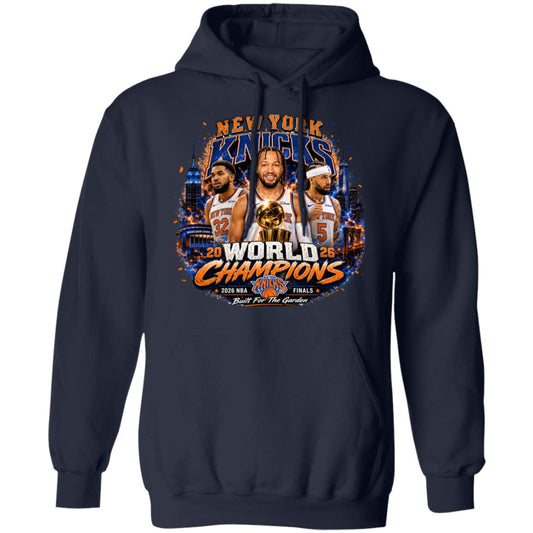 A navy blue pullover hoodie featuring a large front graphic of basketball player Jalen Brunson OG and Jose with the New York Knicks, celebrating 2026 World Champions with a trophy and basketball.