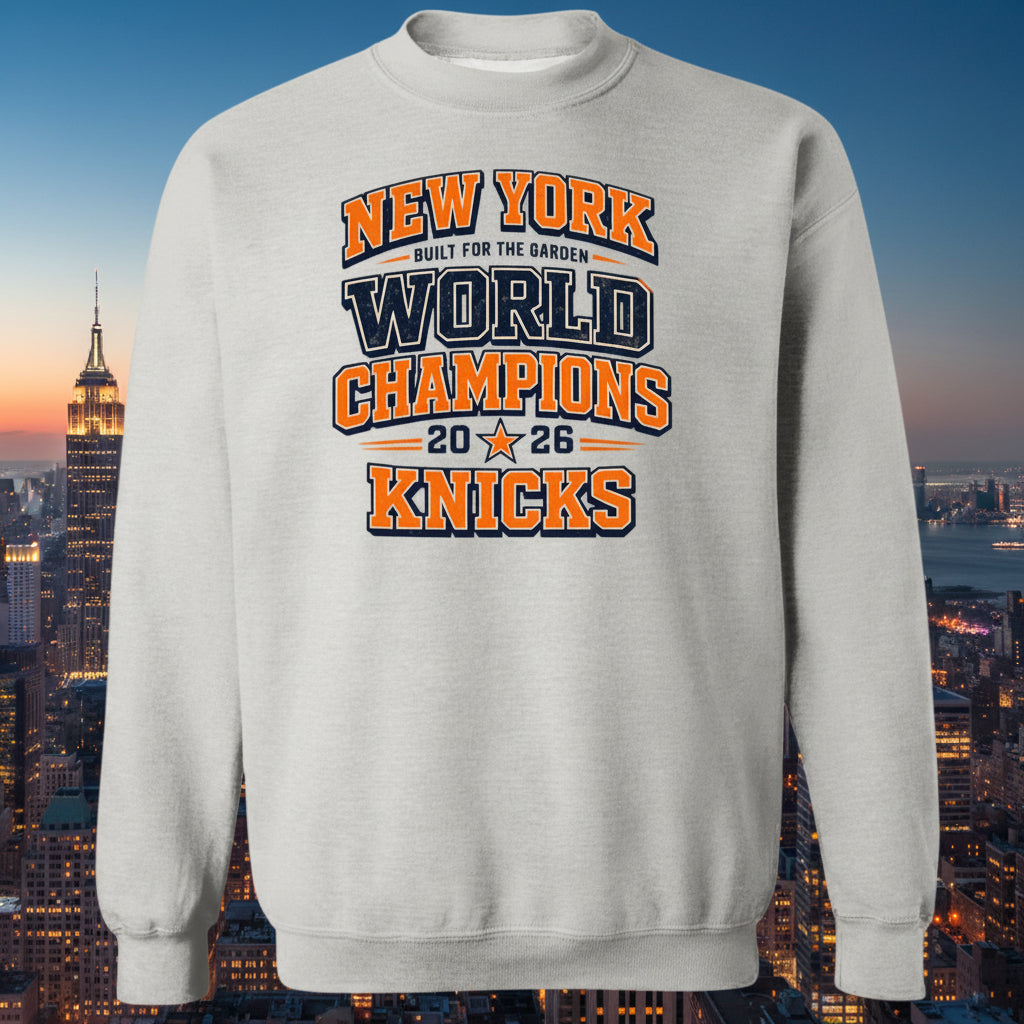 Gray sweatshirt with 'New York World Champions Knicks' text on a  City background