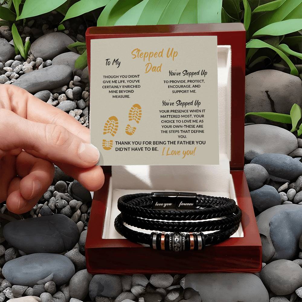 Leather Bracelet/Message Card- To My Stepped Up Dad - From Son/Daughter