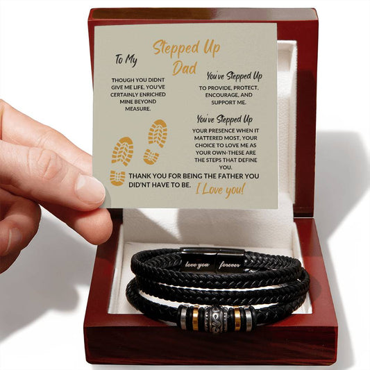 men's  bracelet displayed in led jewel box and heartfelt message card for stepped up dad,fathers day gift